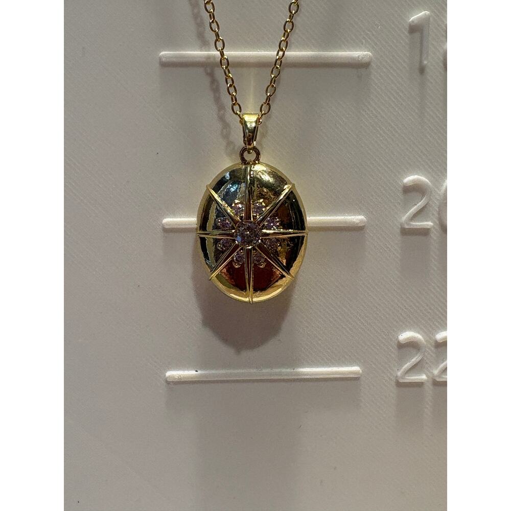 Embellished Oval Gold Tone Star Locket Necklace with Anti-Tarnish Finish